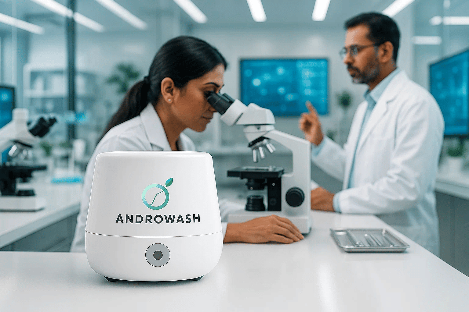 female andrologist in india(south asian) wearing a white lab coat and protective glasses, seated in a bright, modern biomedical laboratory. She is carefully observing a sample through a high-end optical microscope on a clean laboratory table. Next to the microscope, place the Androwash — a compact, white automated sperm preparation system
