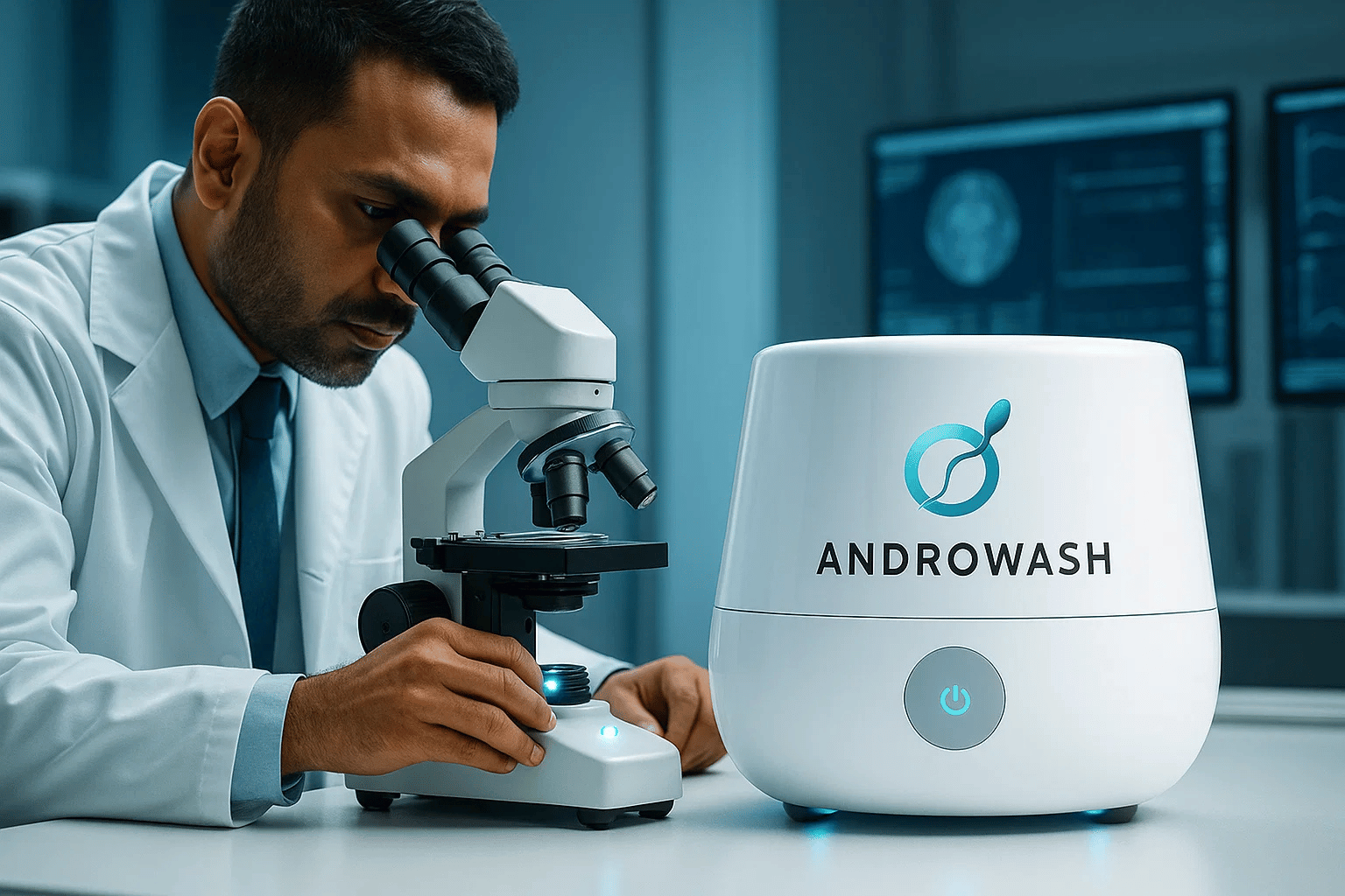A modern biomedical laboratory scene with a male scientist(South Asian) in a white lab coat examining a sample through a high-end optical microscope. Next to the microscope on the same lab table, place a sleek Androwash device(image attached) — a compact, white automated sperm processing machine